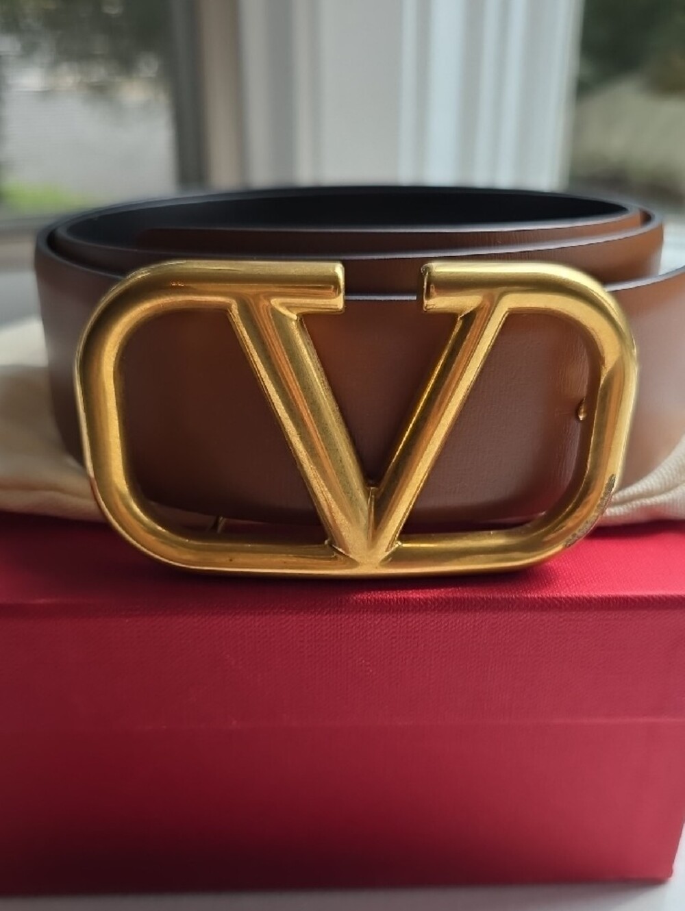 Valentino Garavani Brown and Black Reversible Leather Belt with Gold V Buckle 75